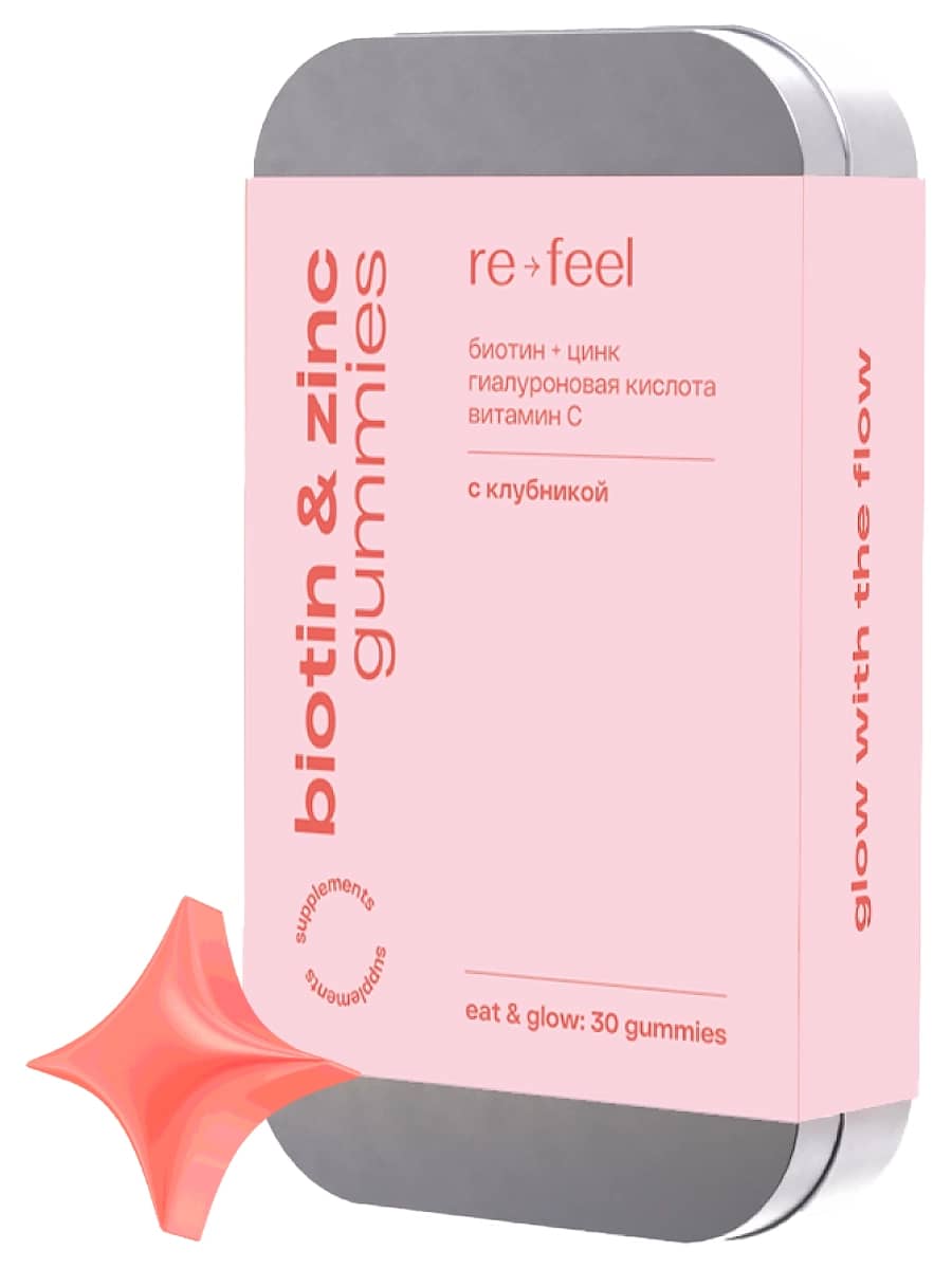 re-feel Биотин + Цинк: Мармелад со вкусом клубники Biotin + Zinc Gummies 30 шт