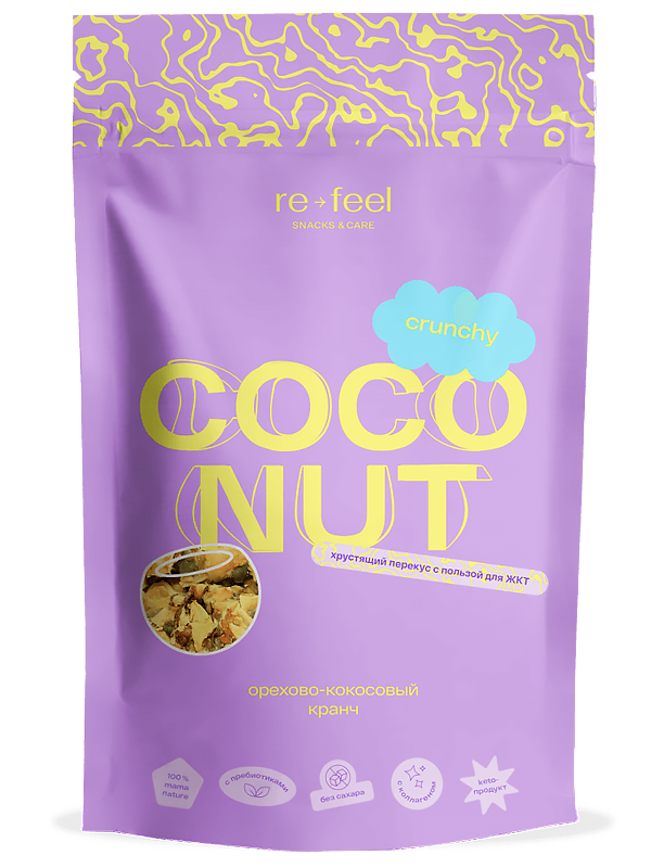re-feel Хрустящий перекус из орехов и семян «Кокосовый кранч» Crunchy Coconut 75 гр