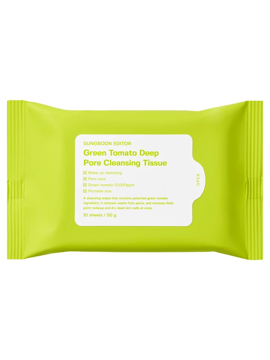 Sungboon Editor Очищающие салфетки для снятия макияжа Green Tomato Deep Pore Cleansing Tissue 10 шт