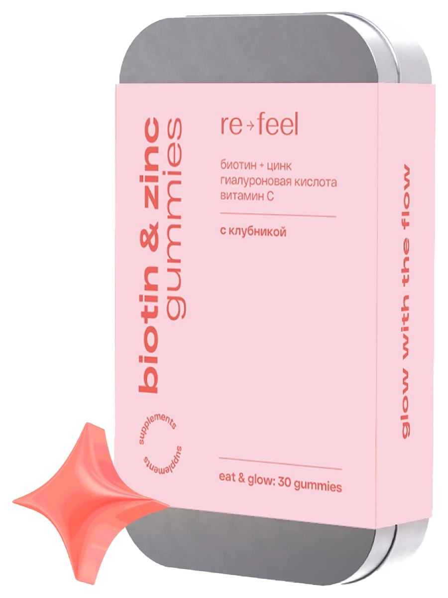 re-feel Биотин + Цинк: Мармелад со вкусом клубники Biotin + Zinc Gummies 30 шт